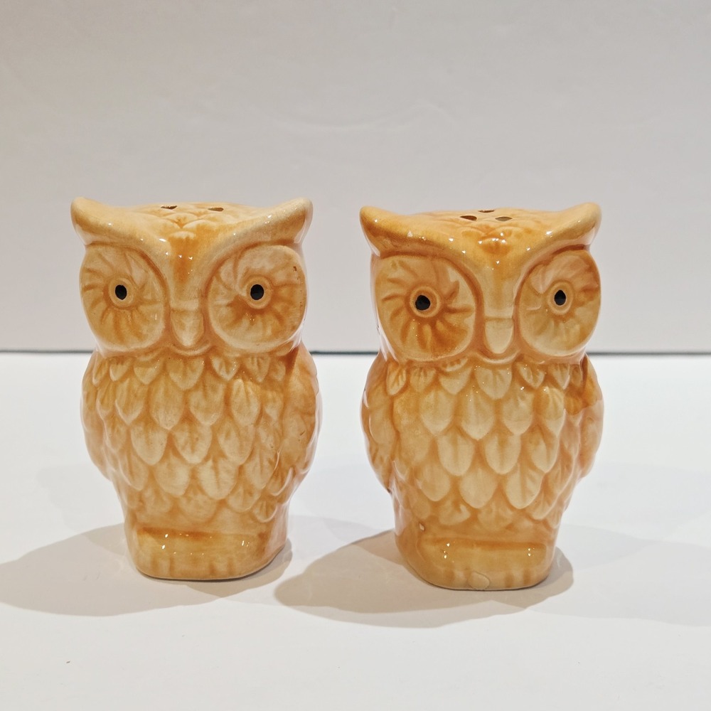 Ceramic Owl Salt & Pepper Shakers New Beige Orange 3"